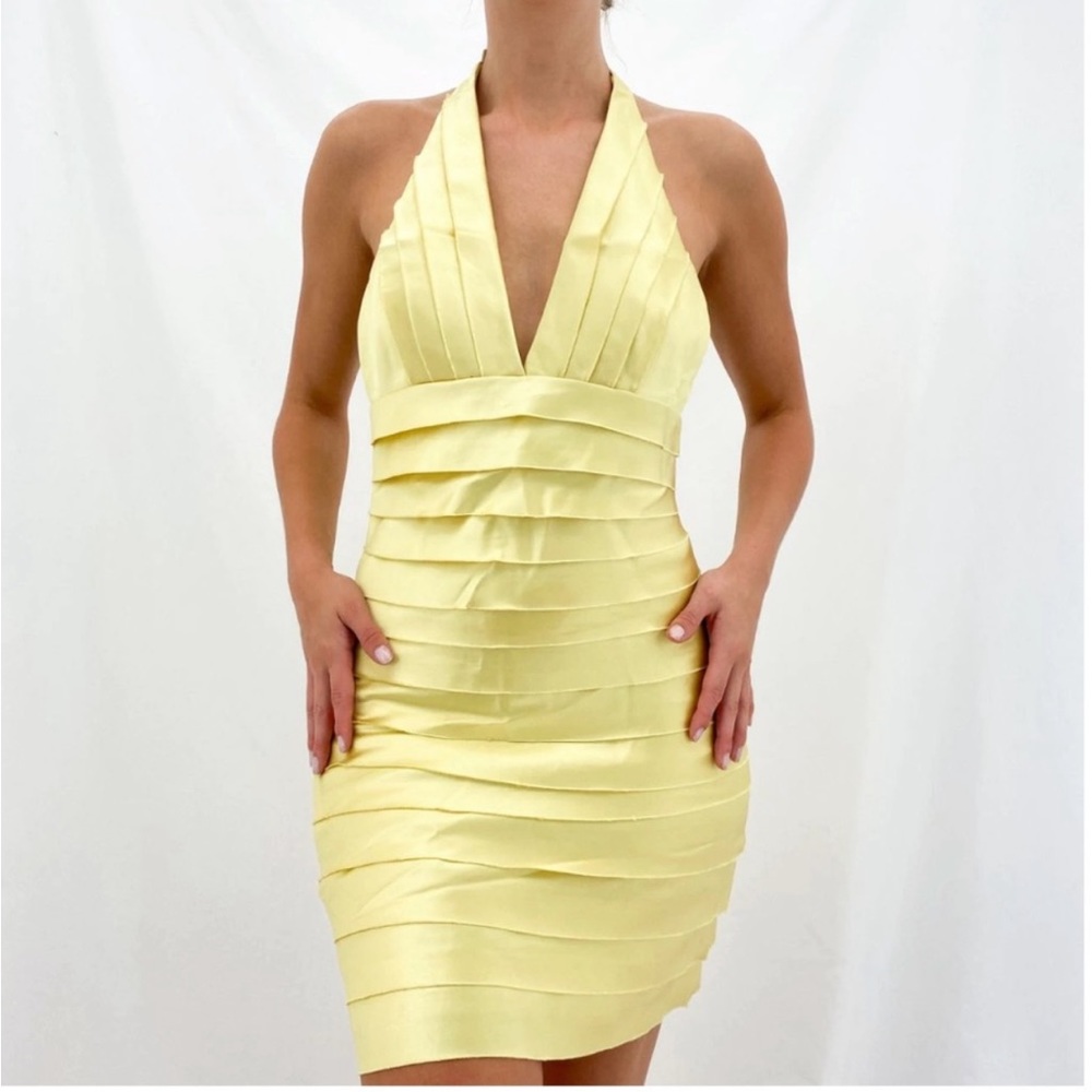 BCBG Max Azria Yellow Halter Neckline Sleeveless Mini Length Dress